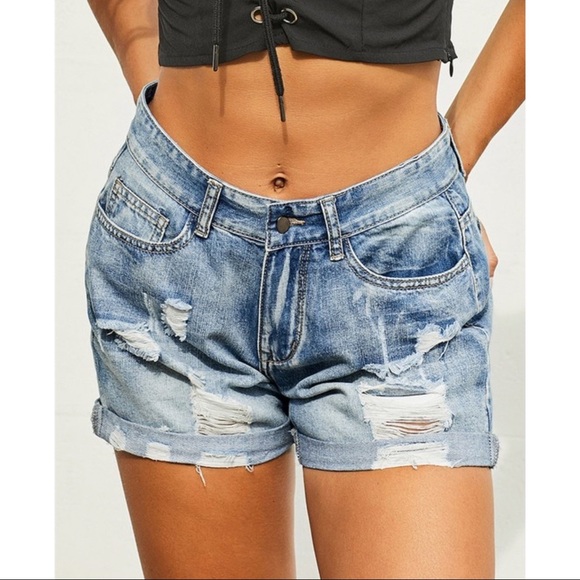 Vintage Wash Frilled High Waist Denim Shorts